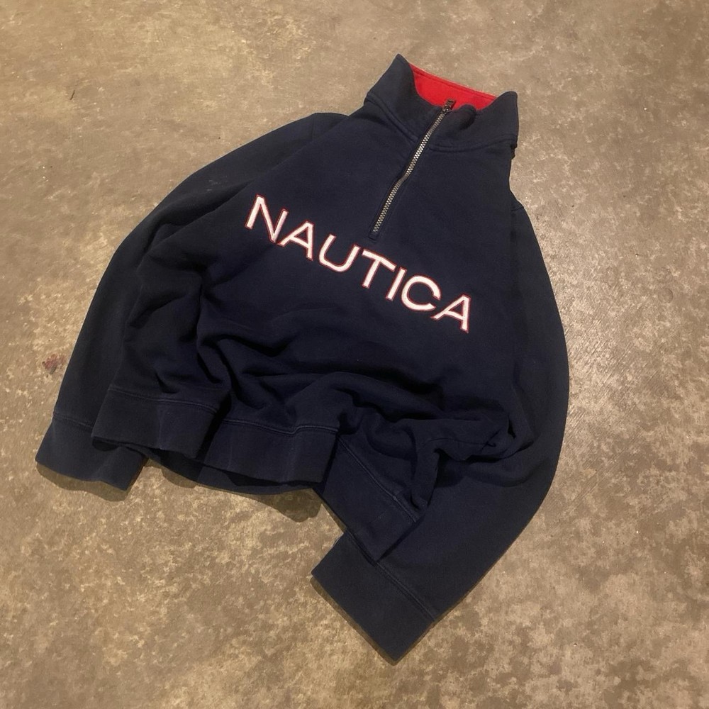 Nautica Men's M Navy Blue Competition Sweatshirt Vintage Y2K Fleece Quarter Zip