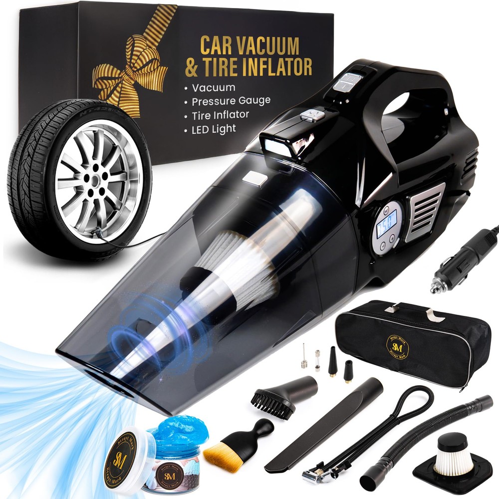 Car Vacuum Cleaner, 4-in-1 Portable Handheld Vacuum - Tire Inflator and Digit...