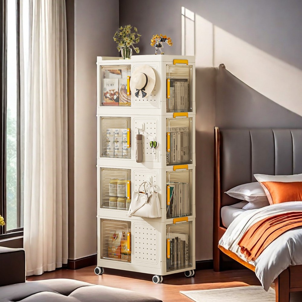 4-Tier Rolling Bookcase with Wheels and Large Storage Bins - Mobile Organizer