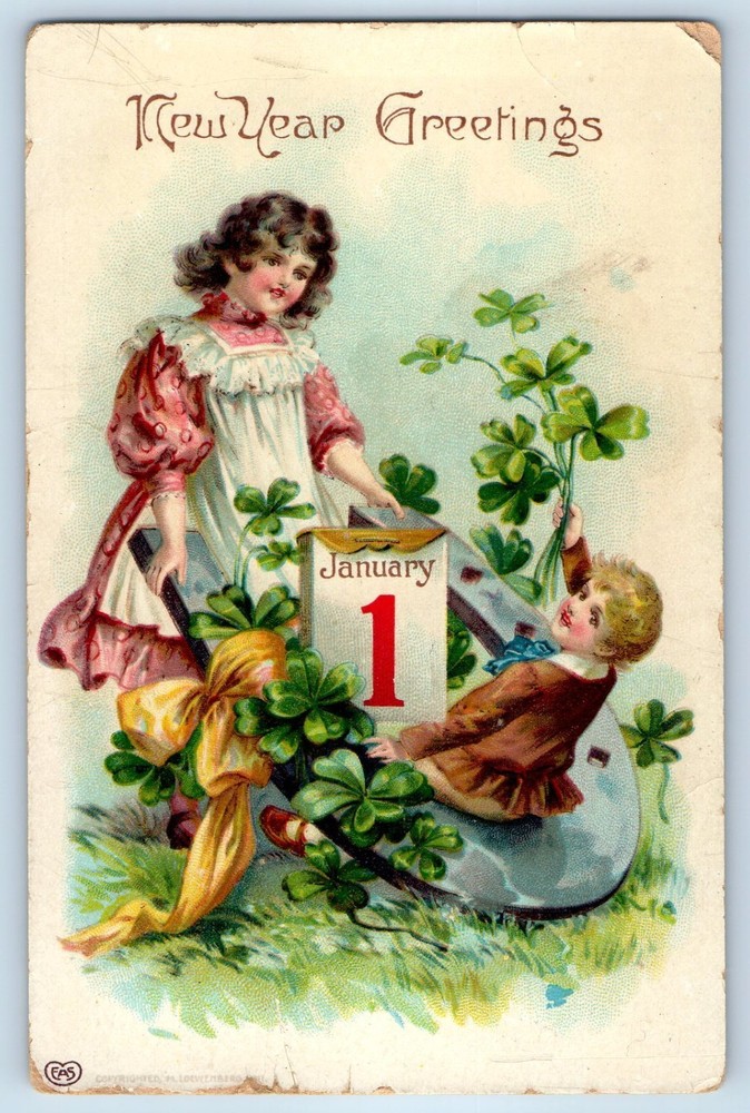 c1910's New Year Greetings Children With Big Horseshoe Clover Antique Postcard-image
