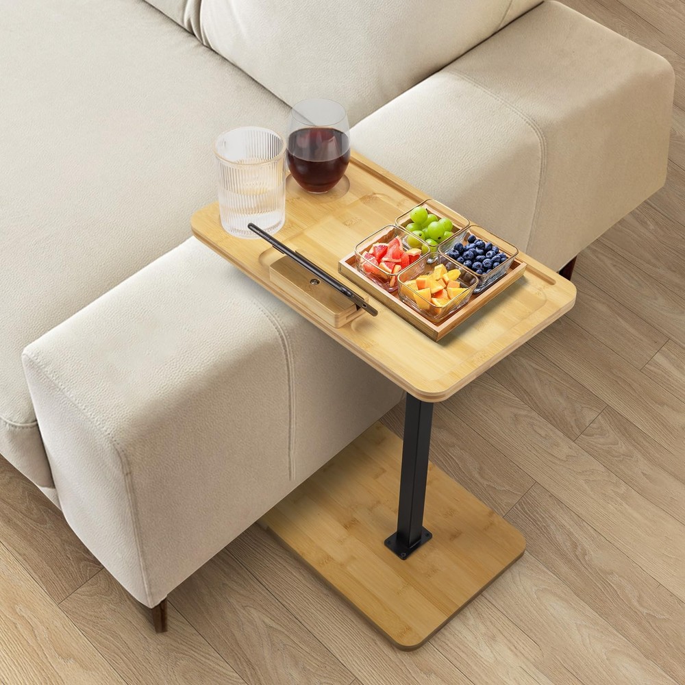 Bamboo C-Shaped Adjustable Side Table with 360° Swivel & Phone Stand
