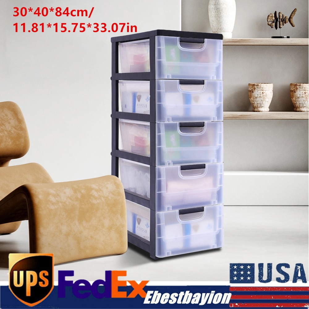 Large Storage Cabinet w/4 Wheels Stackable Transparent Organizer 5 Drawers