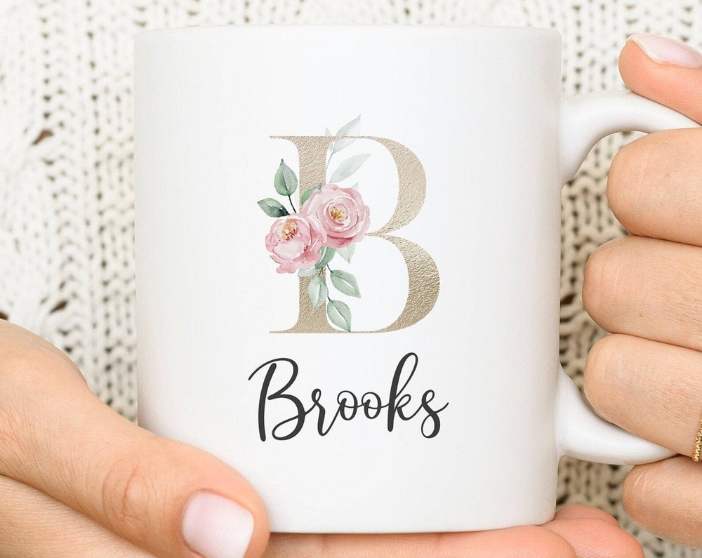 Personalized Mug Personalized Name Coffee Cup Initial Mug Floral Gold Color