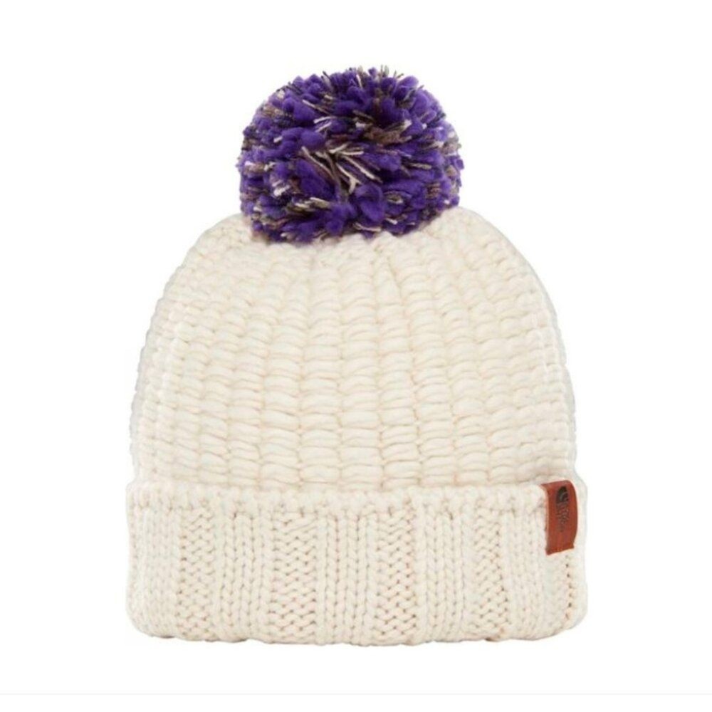 The North Face Women's Cream Knit Beanie Hat with Purple Pom Winter Warm