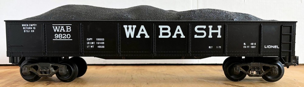 LIONEL 6-9820 STANDARD-O WABASH BLACK GONDOLA w/COAL LOAD WAB RTR OVP METAL WHEE