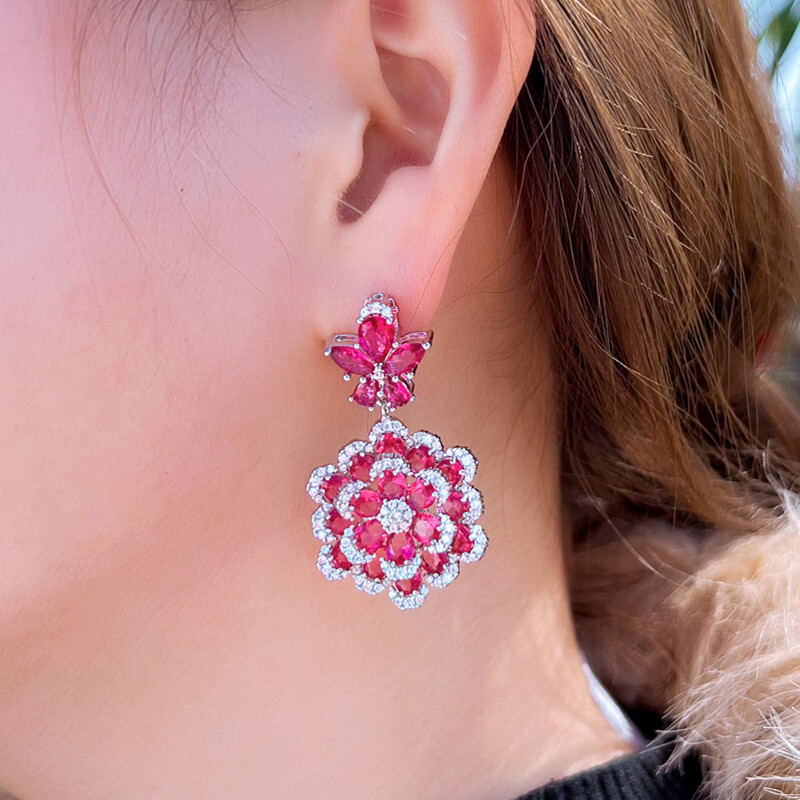 Elegant Silver-Plated Hot Pink Cubic Zirconia Long Dangle Bridal Flower Earrings
