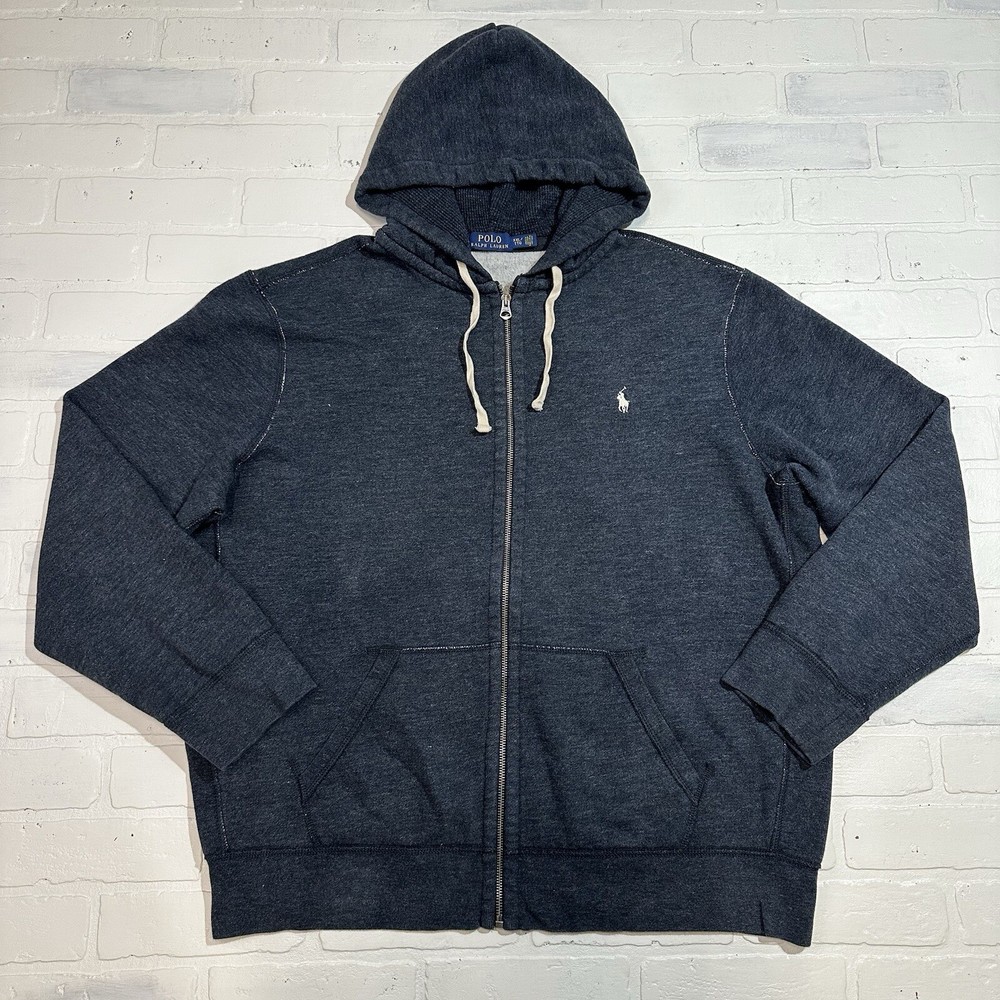 Ralph Lauren Hoodie Mens 2XL Blue Fleece Full Zip Jacket Sweater Hooded XXL Y2K