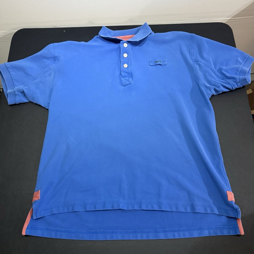 Orvis Signature Polo Shirt Mens Large Blue Heavyweight Cotton Rugby Casual