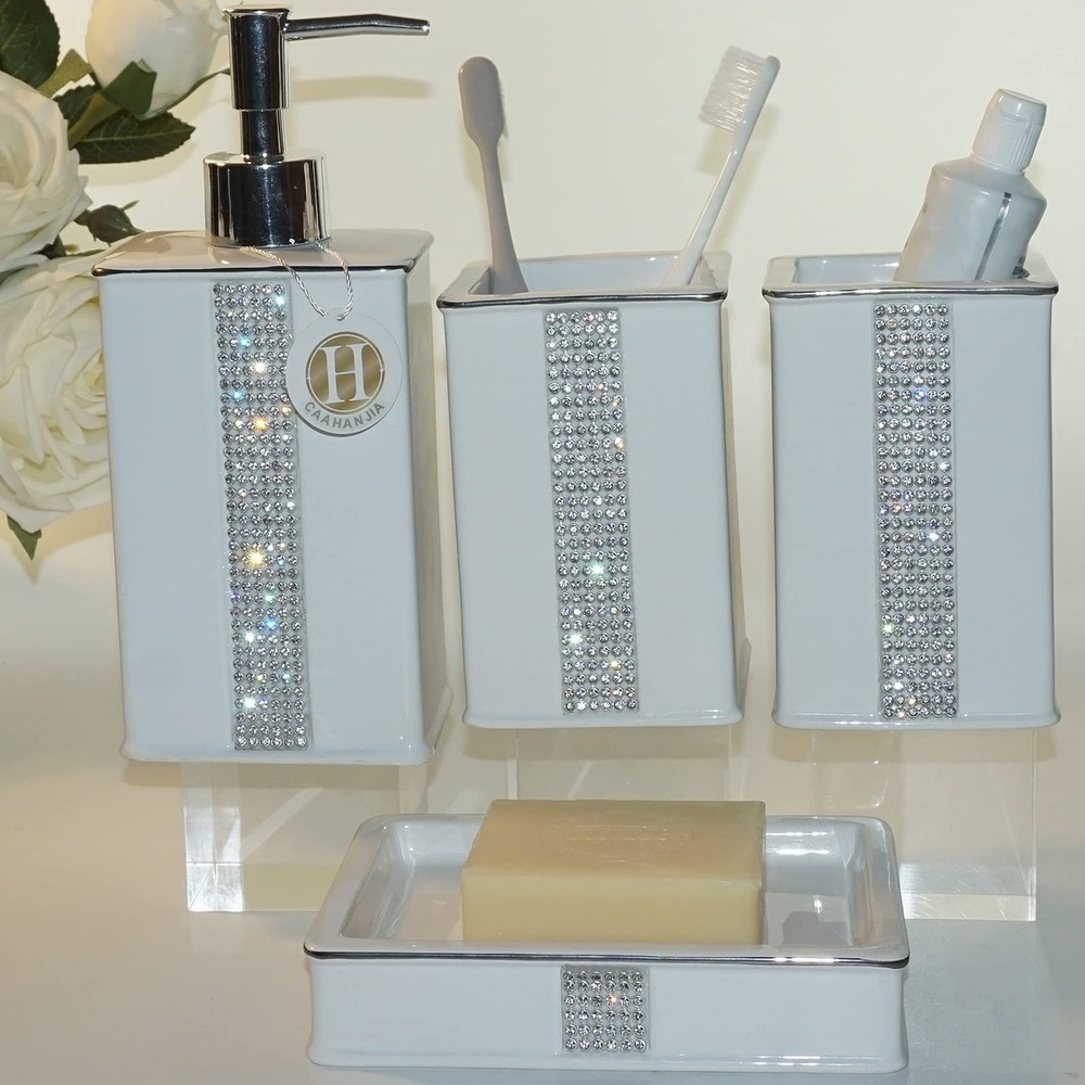 Ceramic 4-Piece Bathroom Accessory Set with Soap Dispenser and Toothbrush Holder