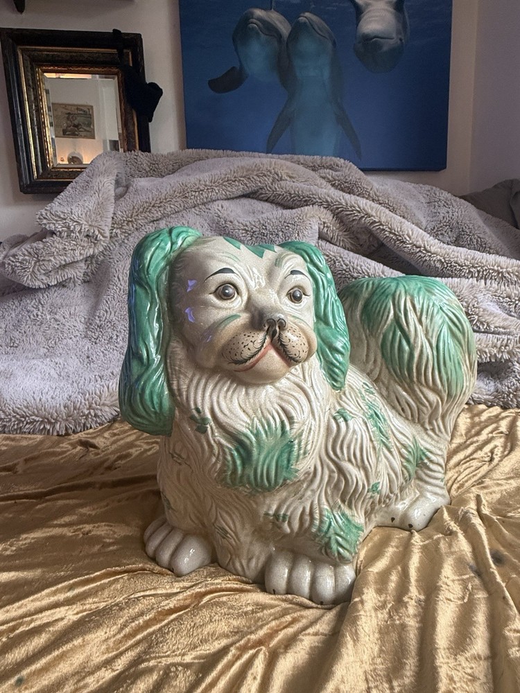 🟢 Vintage Green Staffordshire-Style Dog Statue 17” Pottery Figurine RARE ✨
