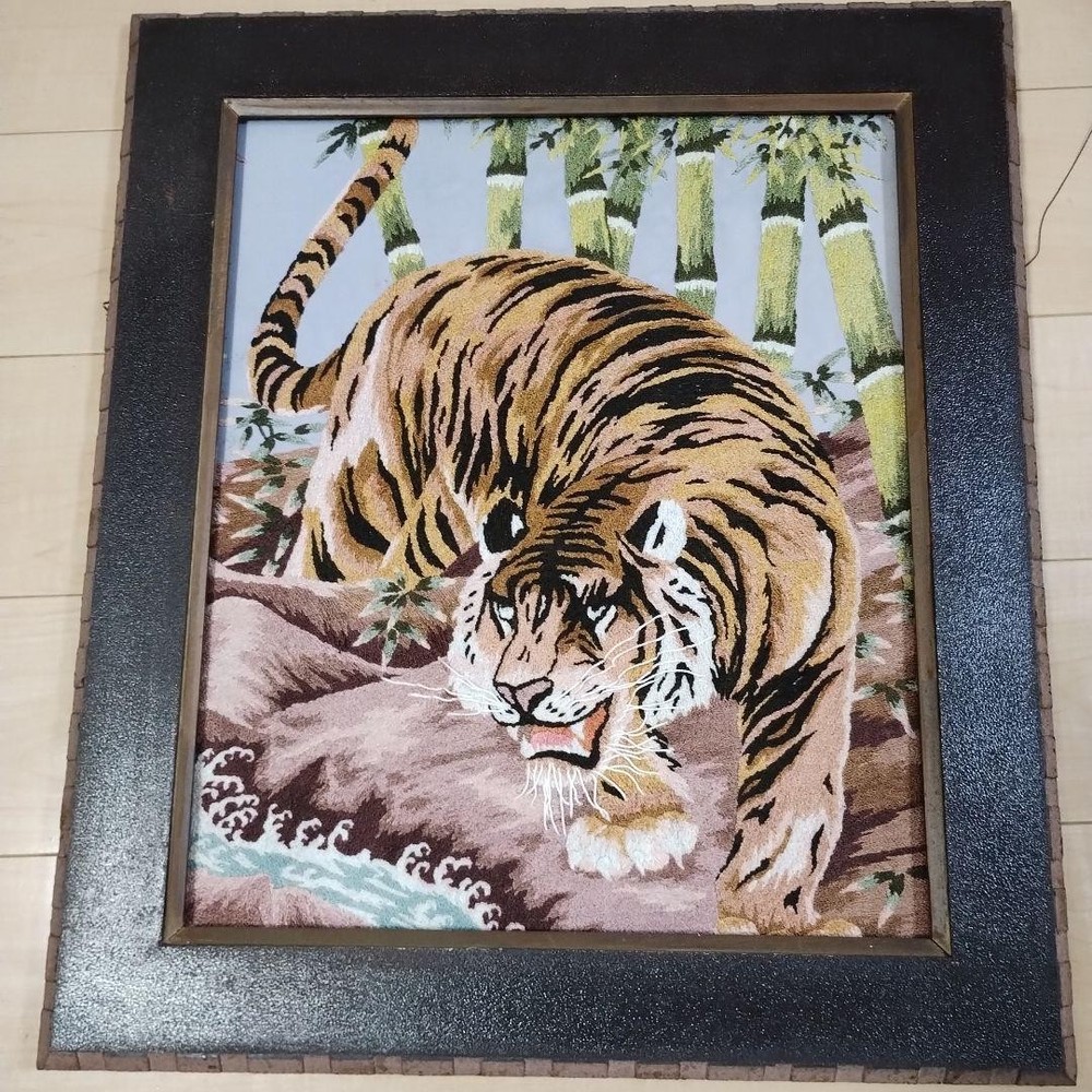 Tiger embroidery art with wooden frame