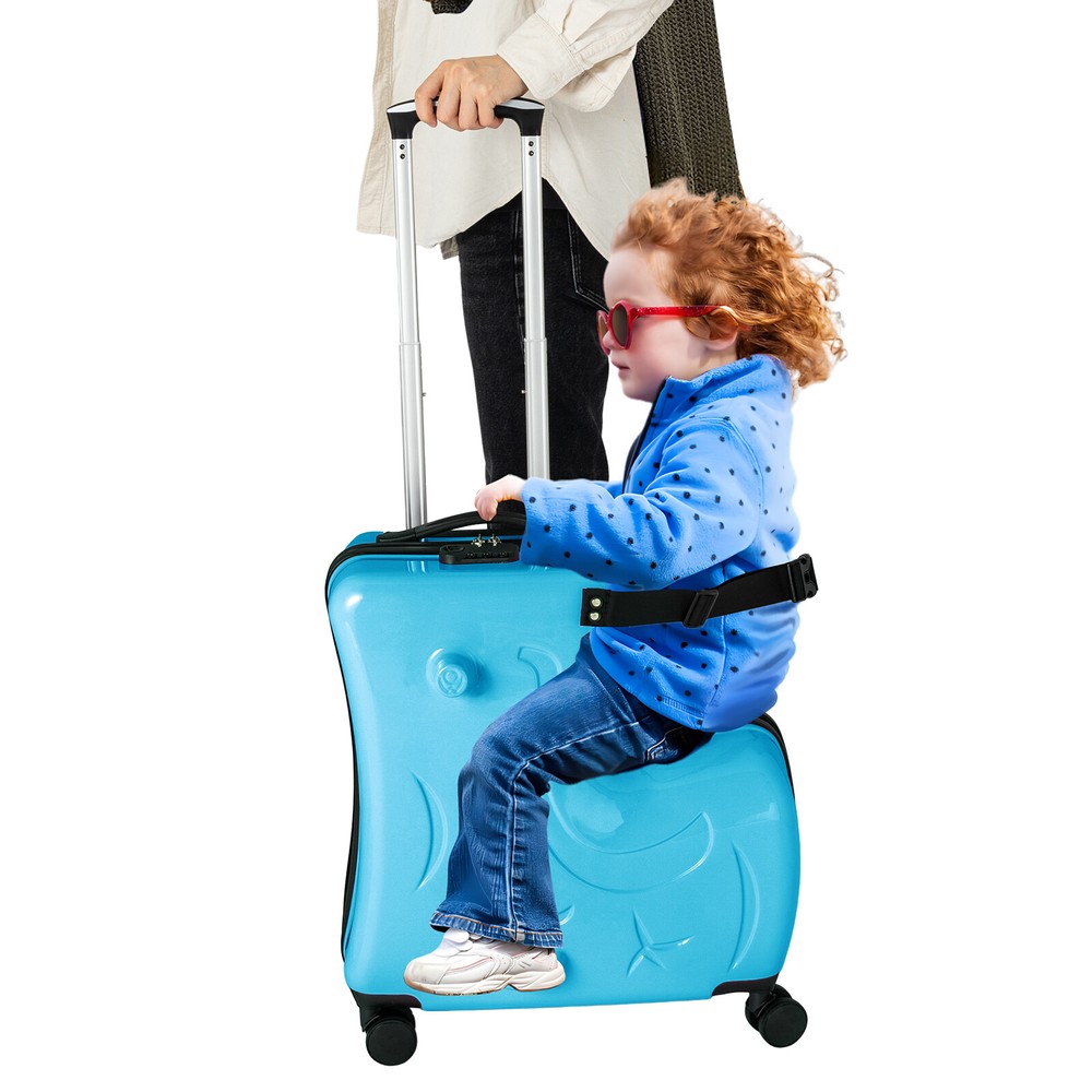 Blue Luggage Case Kids Ride-On Roll Suitcase Luggage Bags Wheeled Trolley Lugg