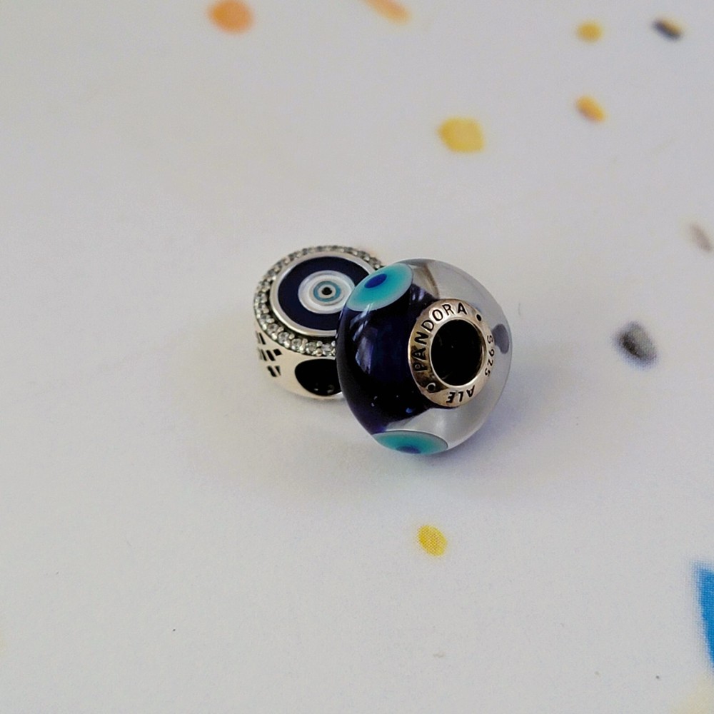 Set of 2 New Pandora Authentic Evil Eye Dangle and Murano Charms