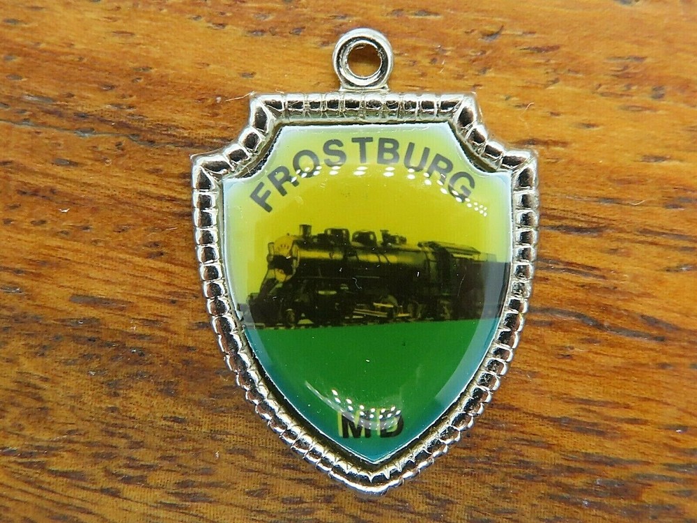 Vintage silver FROSTBURG MARYLAND SCENIC RAILROAD TRAVEL SHIELD charm 50-20
