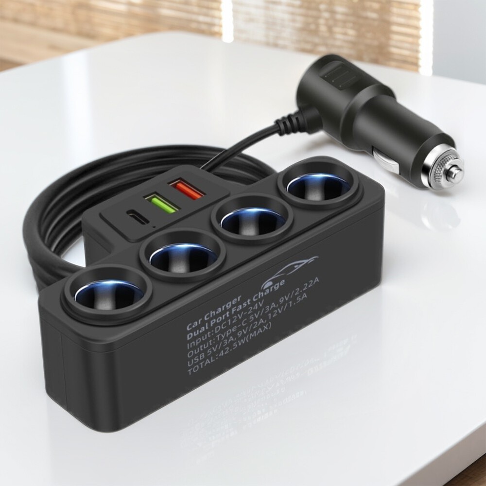 Car Cigarette Lighter Splitter QC3.0+PD 3.1A 12V-24V Fast Charger Plug 4-Socket