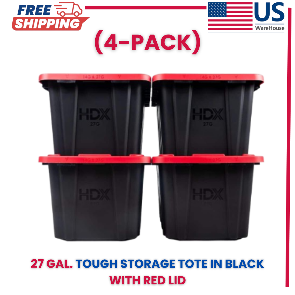 27 Gal. Tough Storage Tote in Black with Red Lid (4-Pack)
