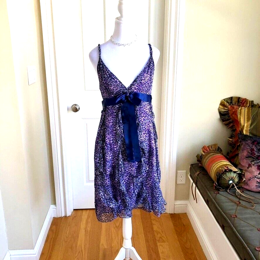 BCBGMAXAZRIA Silk Slip Dress with Ruffles & Bow in Blue Purple Pattern (12)