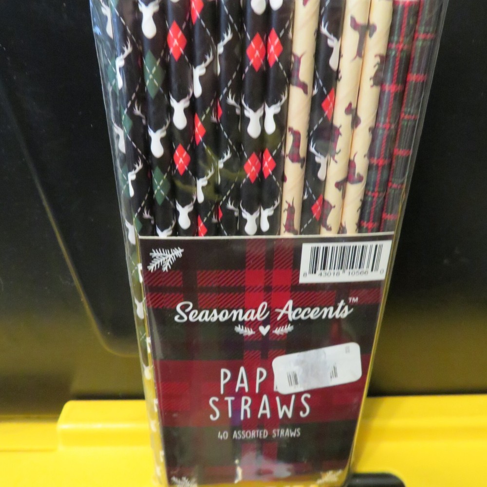 Seasonal Accents 40 Assorted Paper Straws - Dachshund Dog ~ Plaid ~ Deer Stags-image