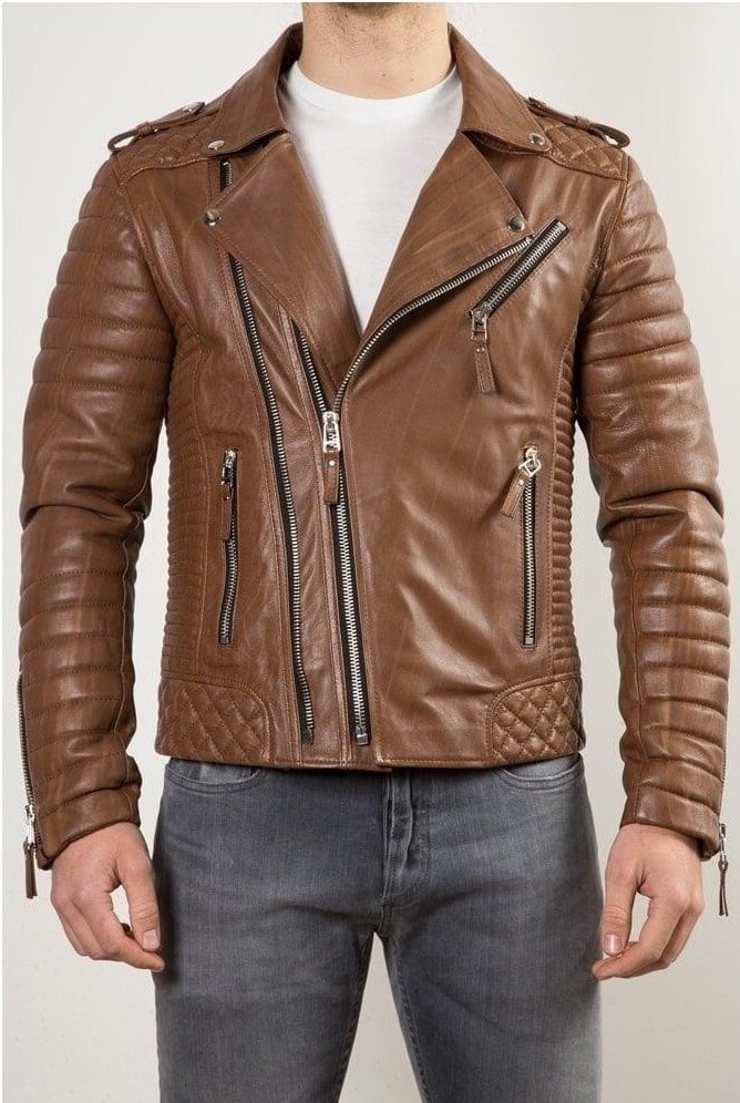 Men's 100% Lambskin Leather Biker Jacket in Dark Tan - MBJ5a