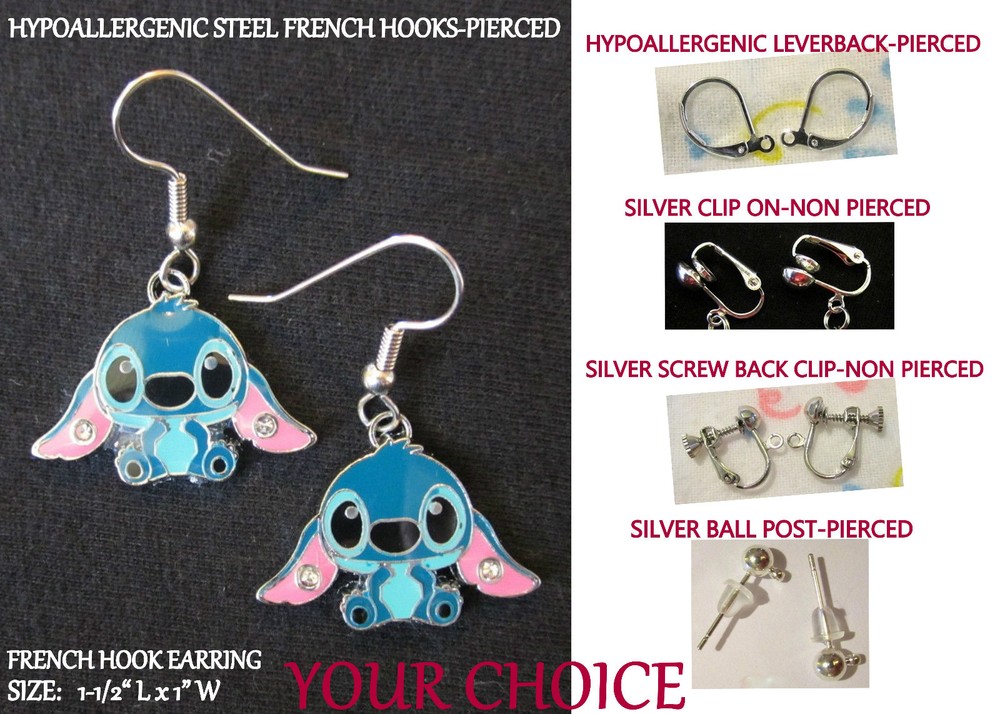 Stitch Earrings or Necklace Hypoallergenic Clip On Options
