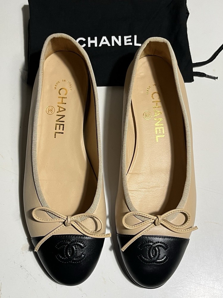 Chanel Ballerina Lambskin Leather Ballet Women's Flats Size 37 - Beige/Black