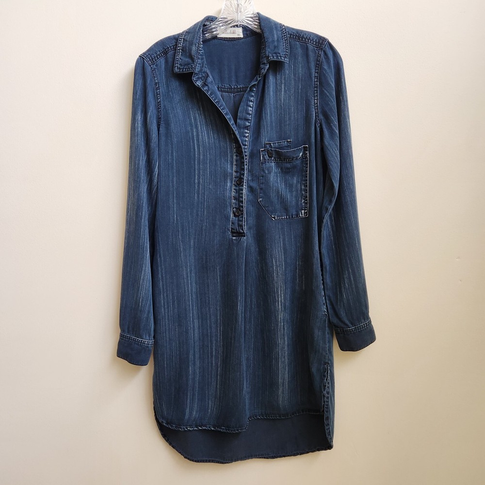 Bella Dahl Navy Acid Wash 1/2 Button Up Dress Size XSmall Pockets Side Slit