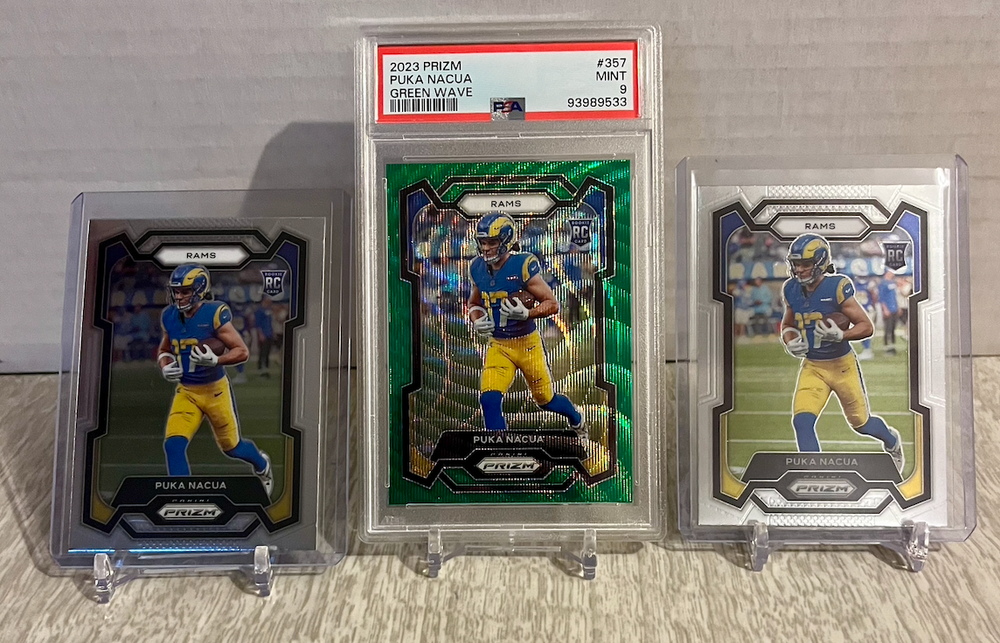 2023 Panini Prizm Puka Nacua Green Wave Prizm #357 PSA 9 & 2 Base Prizm RC Rams