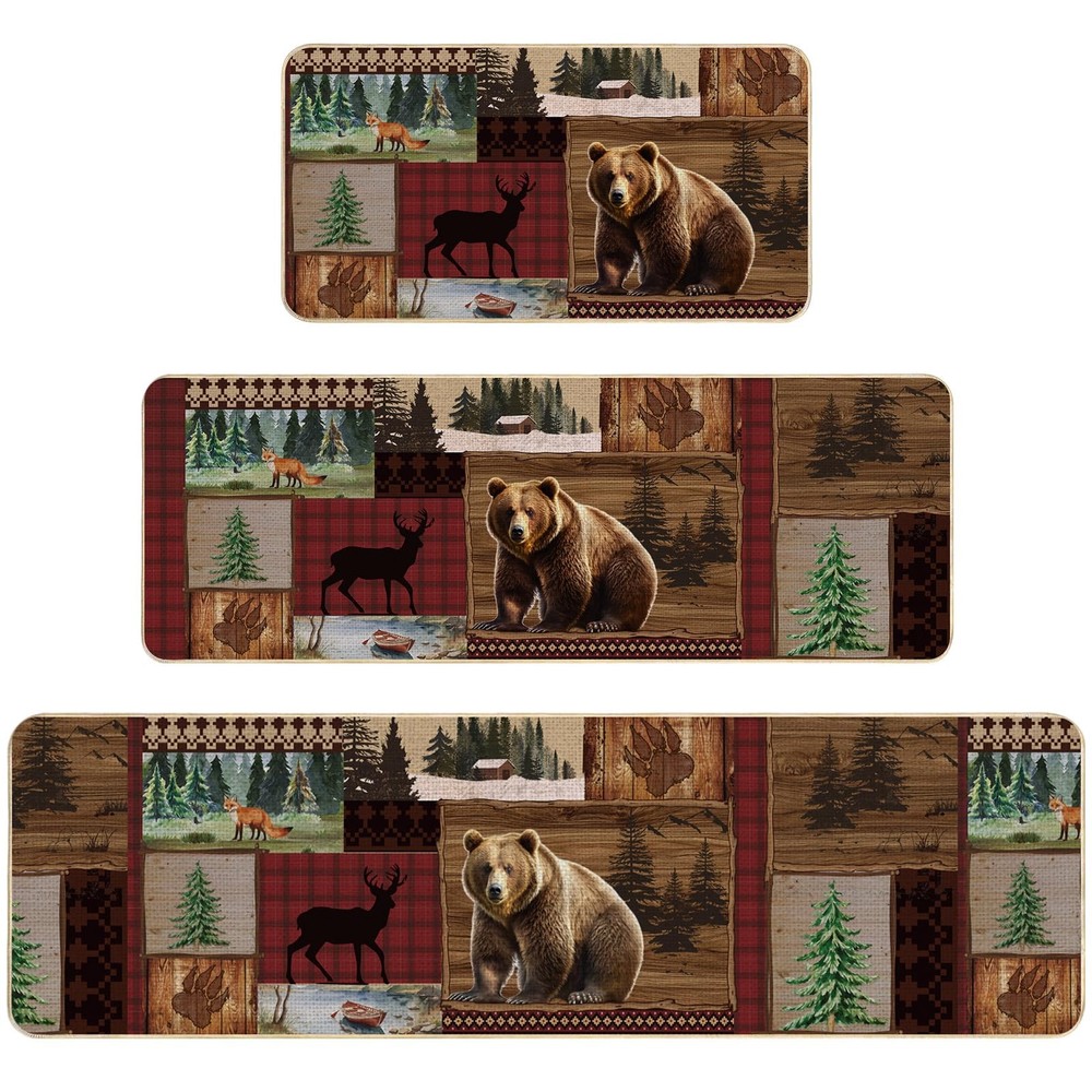 Set of 3 Cabin Bear Kitchen Mats Woodland Nursery Rug Rustic Lodge Decor