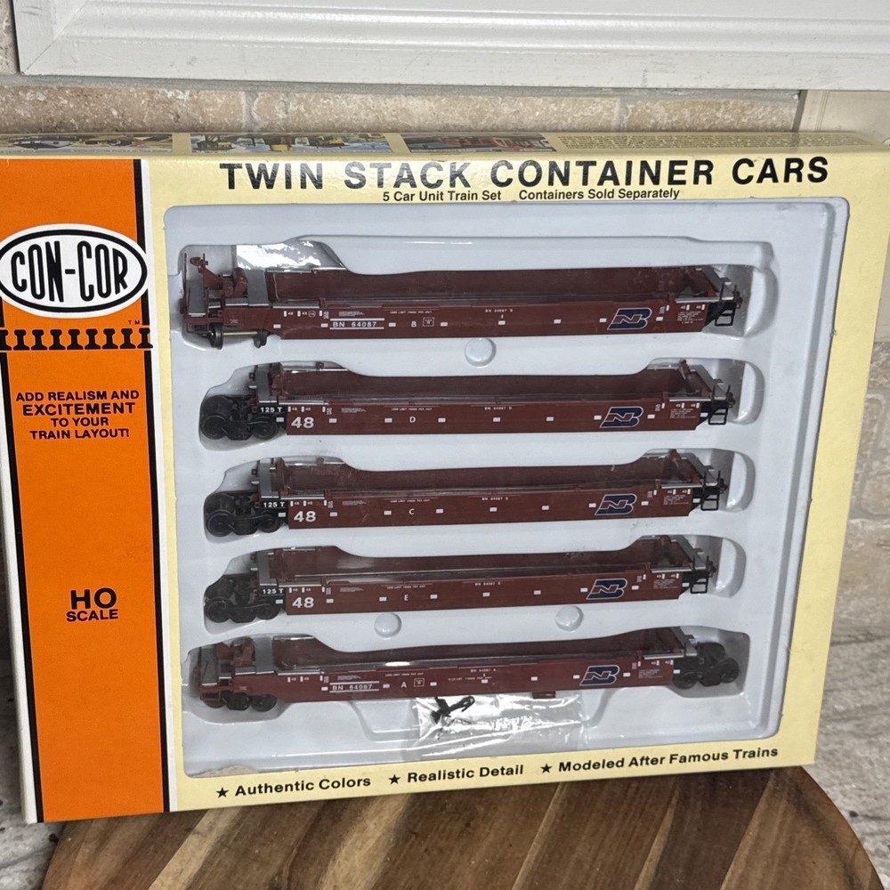 HO Con-Cor BNSF Twin Stack Container Cars 5 Unit Set 0001-001954(02) Brand New