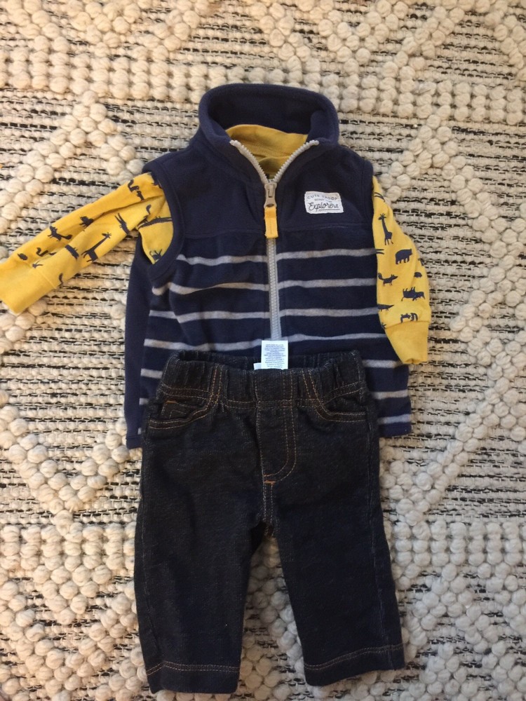 Carter’s Baby Boys 3 Piece Jeans Fleece Vest Set Fall Winter Outfit Size 3 Mos