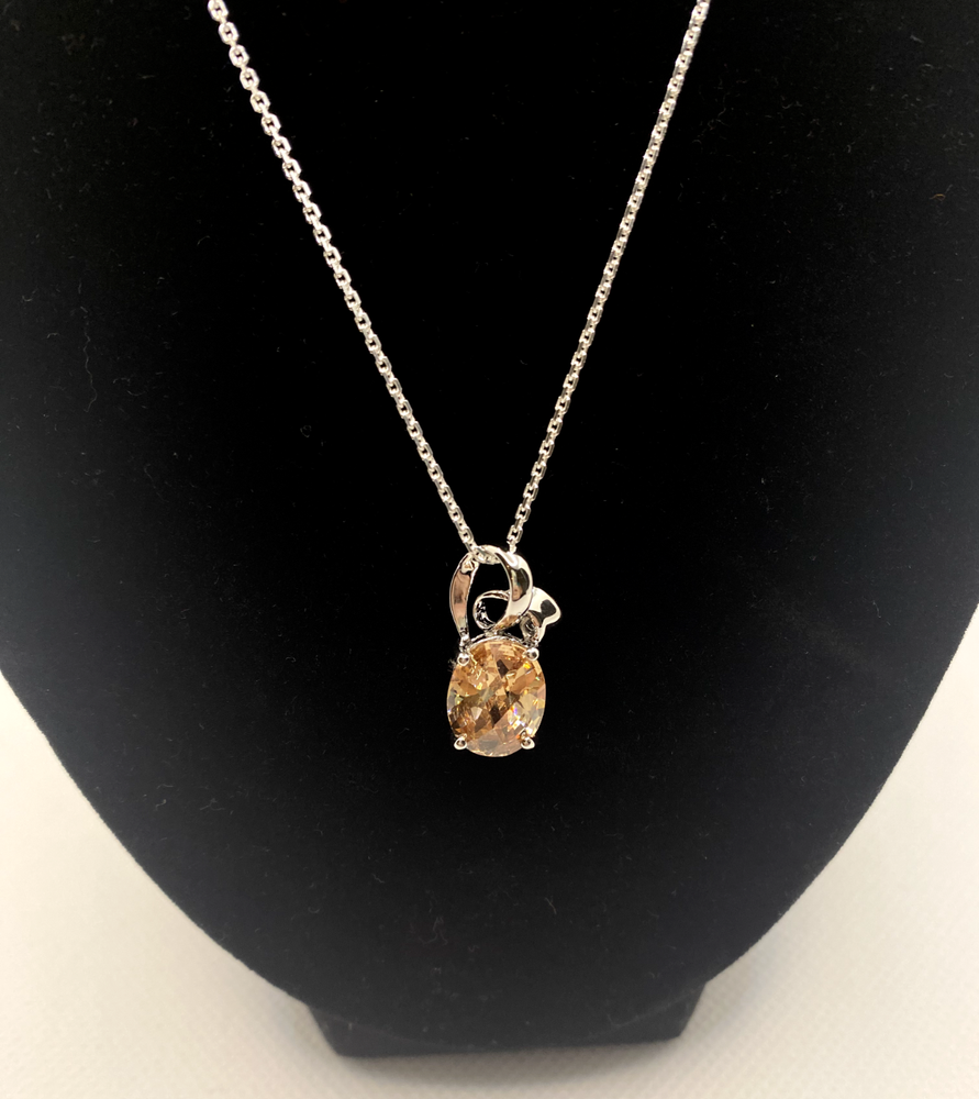 Sterling Silver 18 Inch Rhodium Plated Necklace with Sparkling Champagne CZ Pendant