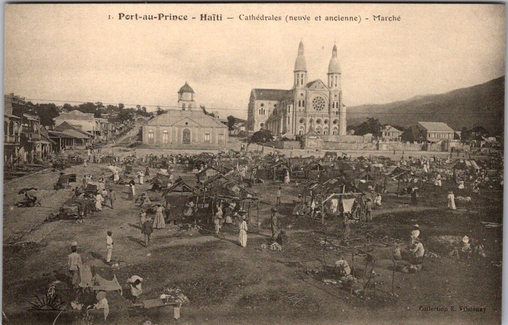 Port-au-Prince Haiti Market Scene w/ Twin Cathedrals Vallon Vintage Postcard