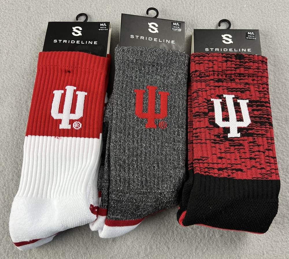 3 PAIRS NCAA Strideline Indiana University Hoosiers Red/Gray Crew Socks M/L NEW