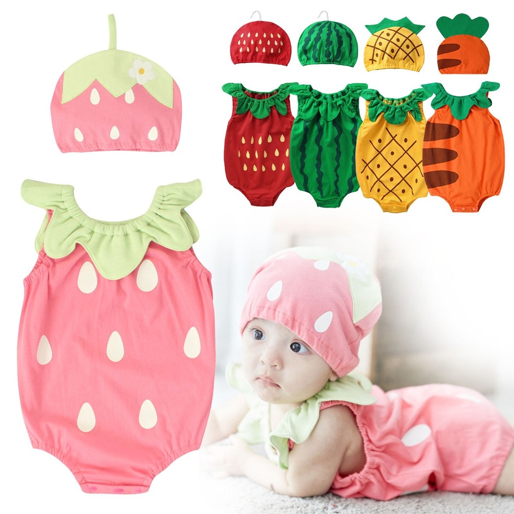 Summer Toddler Girls Boys Sleeveless Fruit Print Crawling Set Includes Hats