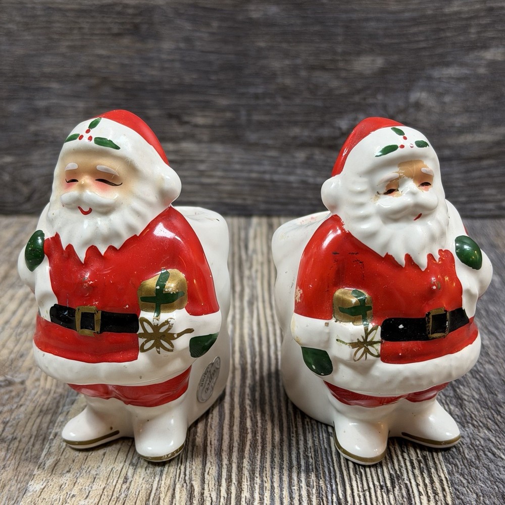 Vintage Napco Japan Santa Claus Candle Holders Pair Mid Century Christmas Decor