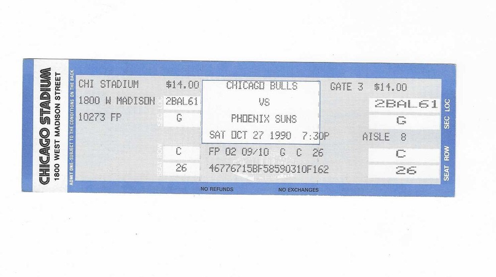 Chicago Bulls vs Phoenix Suns Unused Basketball Ticket from 10/27/1990