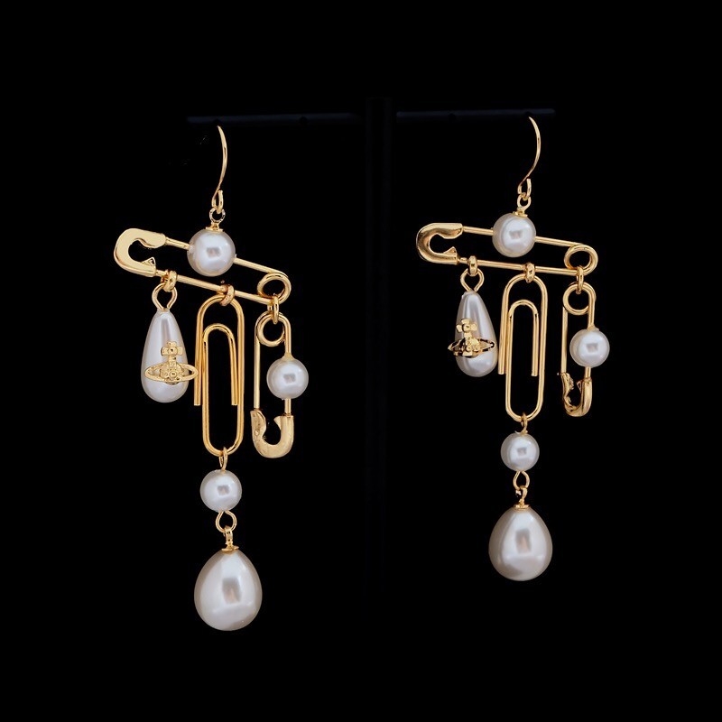 Vivienne Westwood Baroque Pearl Saturn Safety Pin Drop Earrings with Box  