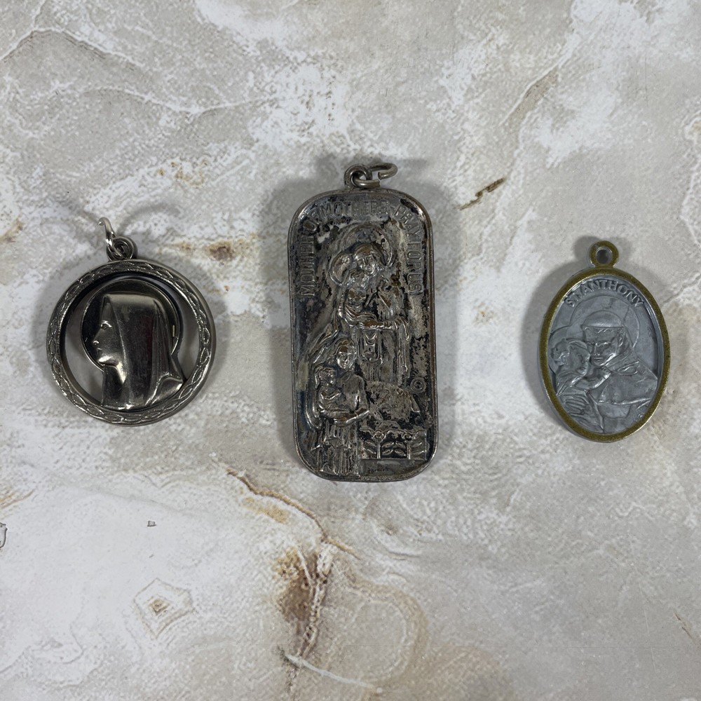 Lot Of 3 Vintage Virgin Mary Mother Of Mothers St Anthony Metal Pendants Charms