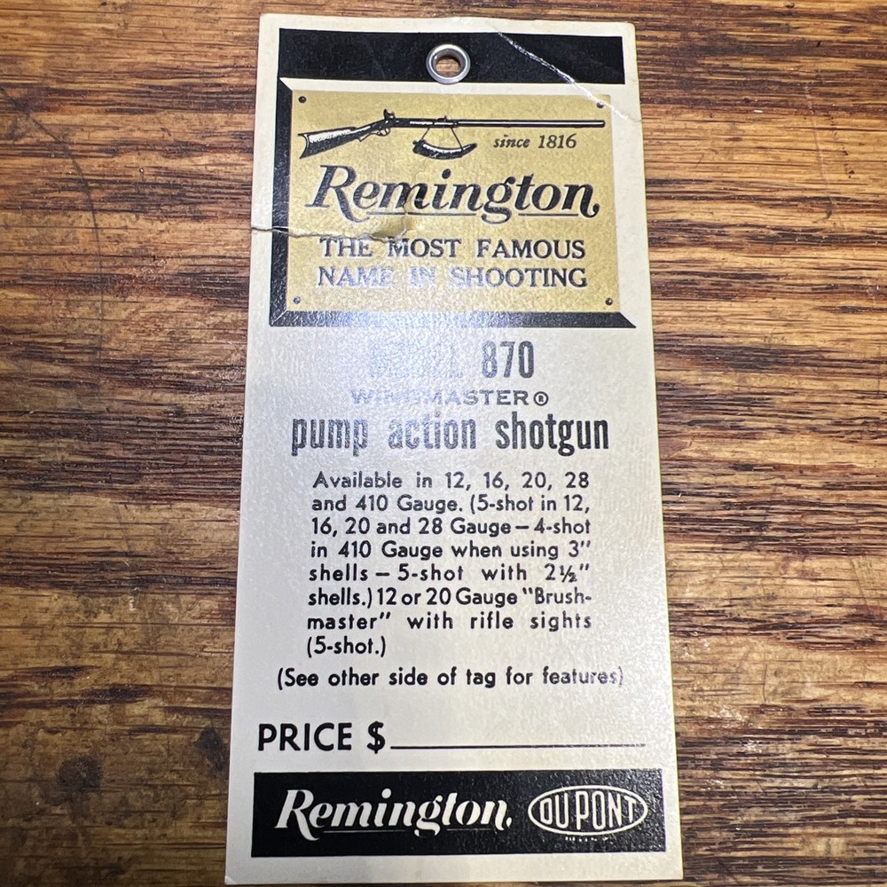 Vintage Original Remington Model 870 Pump Action Shotgun Hang Price Tag