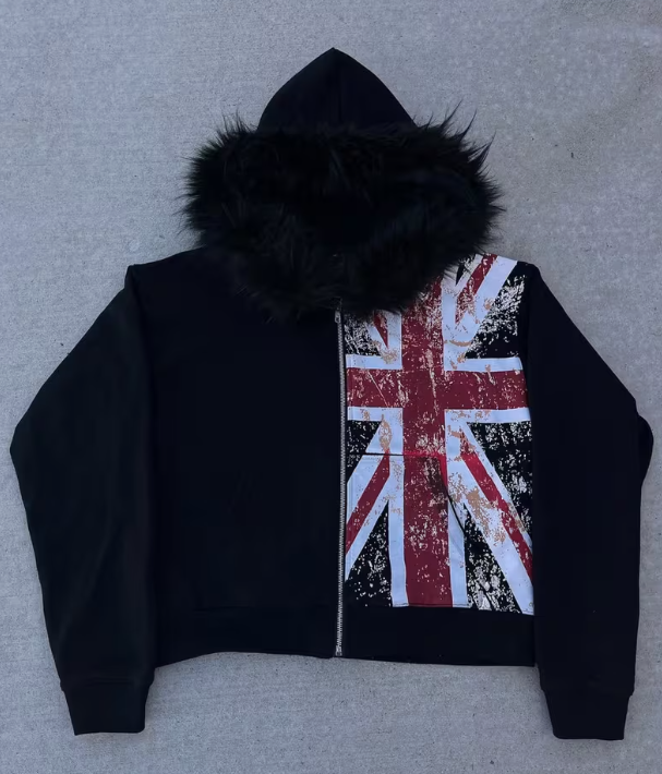 Men's & Women's Y2K Union Jack British Flag Hoodie with Faux Fur Trim - Punk Ret