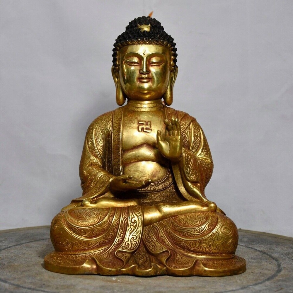 8.3-inch antique Tibetan Buddhism bronze gilt Amitabha Buddha statue from China temple