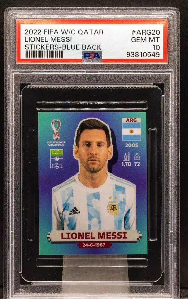 93810549 LIONEL MESSI 2022 Panini FIFA World Cup Stickers Blue Back PSA 10