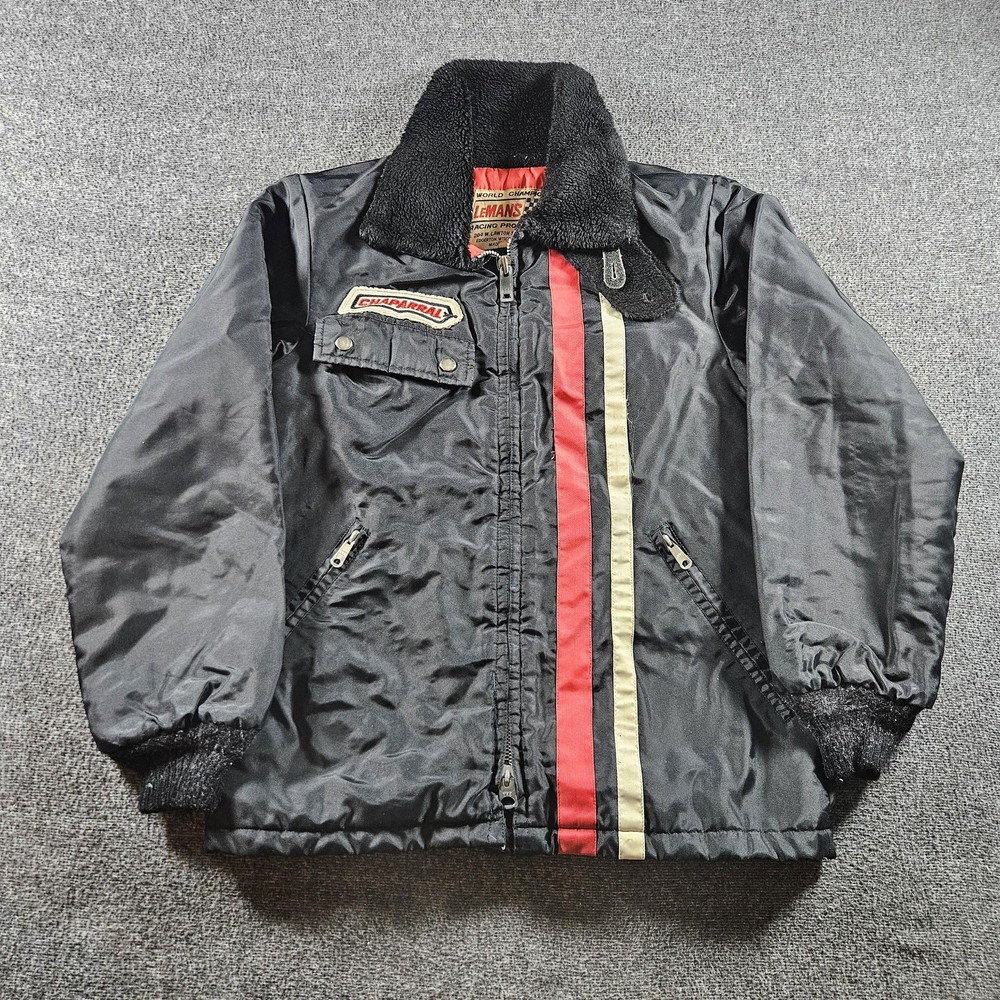 Vintage LeMANS Jacket Mens XS Black Racing Bomber Chaparral Stripe 60s 70s