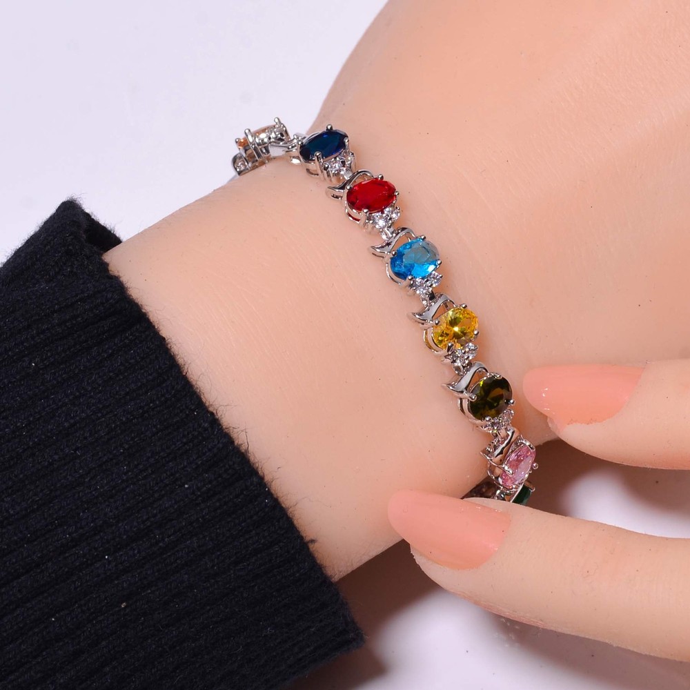 Multi Gemstone & Cubic Zirconia 925 Sterling Silver Tennis Bracelet 7.99