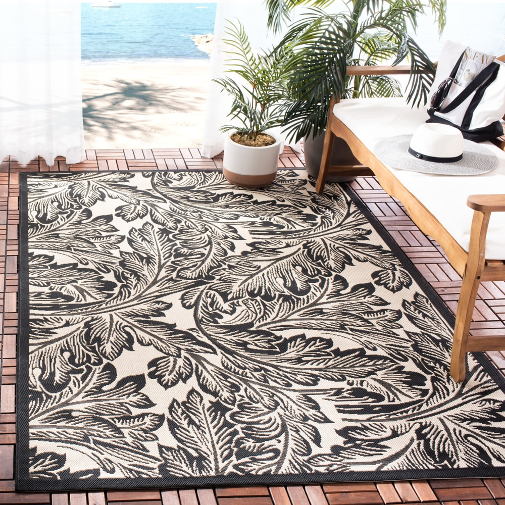 SAFAVIEH Courtyard Connie Floral Indoor Outdoor Rug Sand Black 2ft7in x 5ft