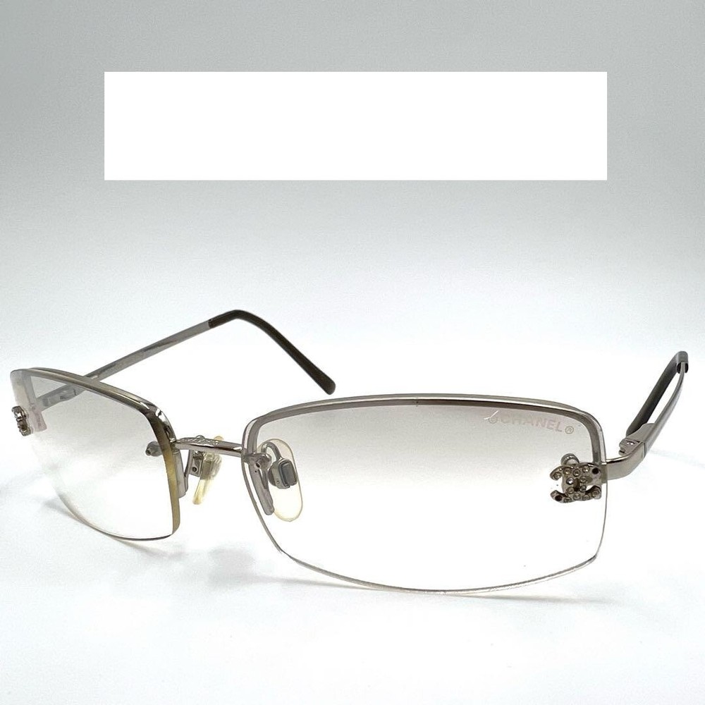 CHANEL 4093-B Silver Rimless Sunglasses with Gray Lenses and Rhinestone Coco Logo