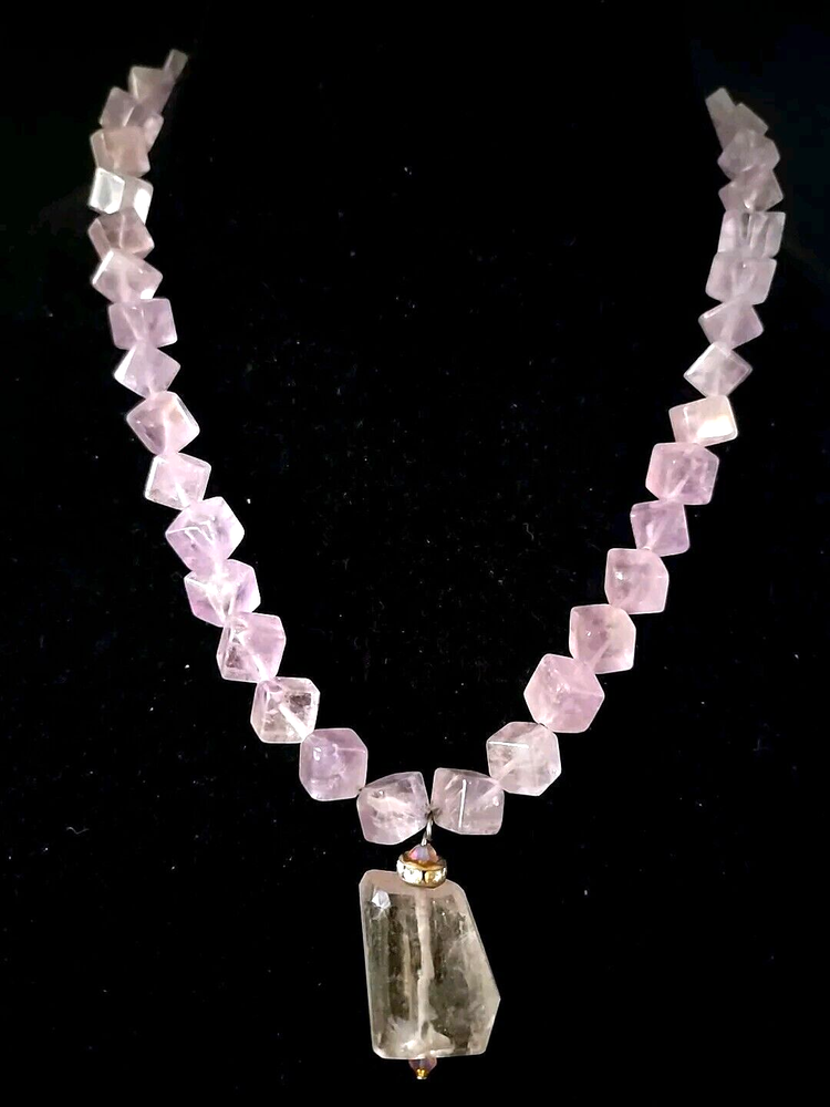 Amethyst Purple Cubed  Quartz Crystal Beaded Artisan Necklace 20 Inches