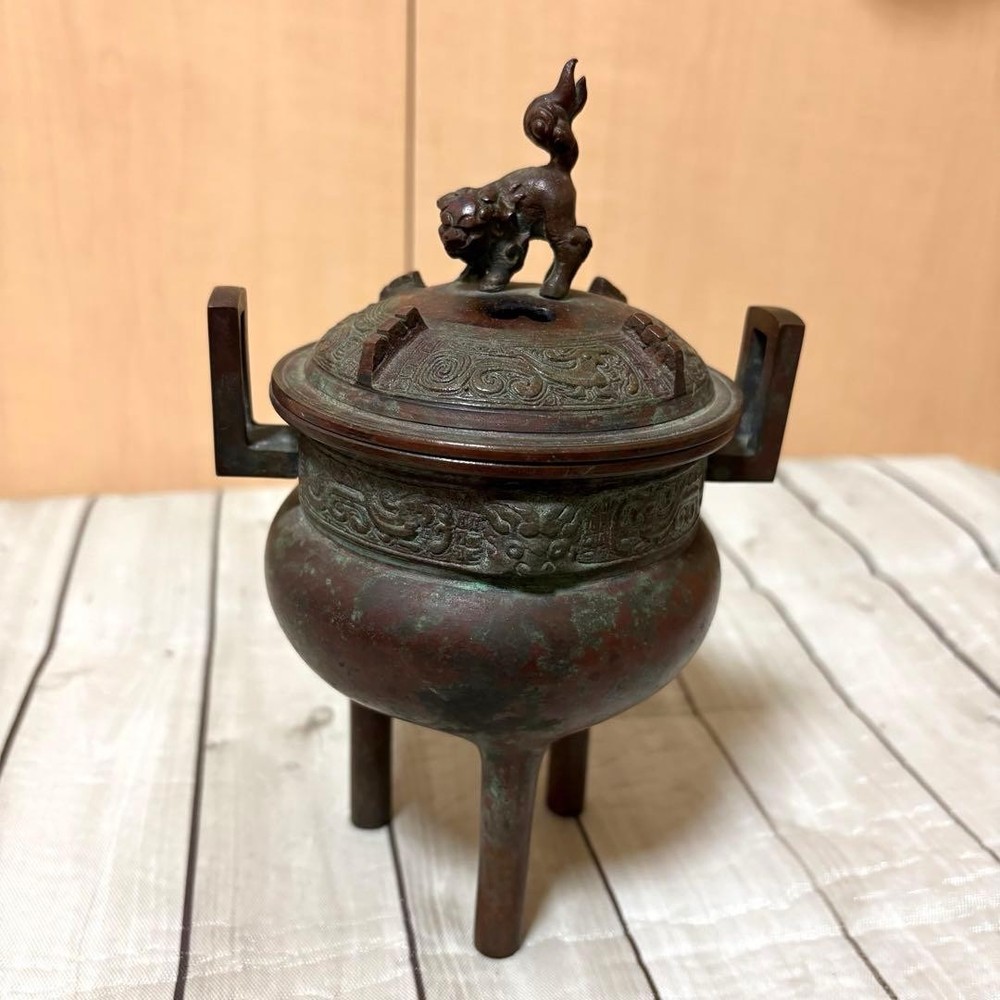 Bronze 7.4 in Incense Burner LION SHISHI Vintage Japanese Censer Engraving