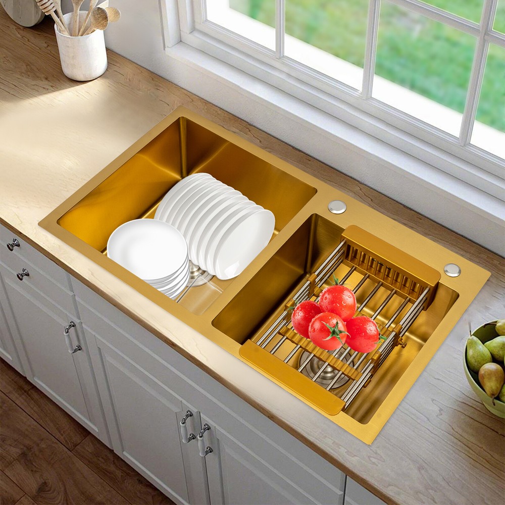 Stainless Steel Undermount Double Bowl Kitchen Sink 80x45cm Gold Finish