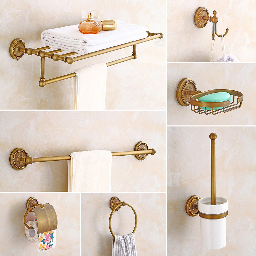 7-Piece Gold Bathroom Set with Toilet Paper Holder Brush Soap Dish and Towel Rack